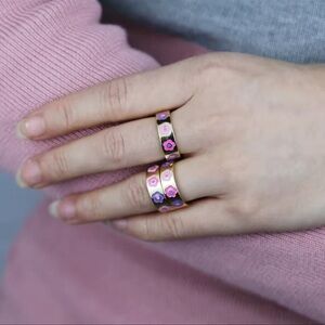 Flower Power Floral Spring Gold Plated Ring with Pink and Purple Flowers Size 6